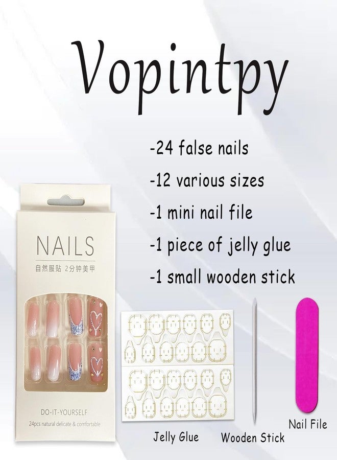 Vopintpy Blue Glitter French Tip Heart Glossy Gradient False Nails with Rhinestones - Reusable Stick on Nails - Medium Square Set - Image 5